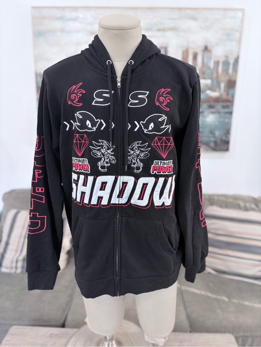 Shadow Graphic Zip-Up Hoodie With Embroidery- Black
